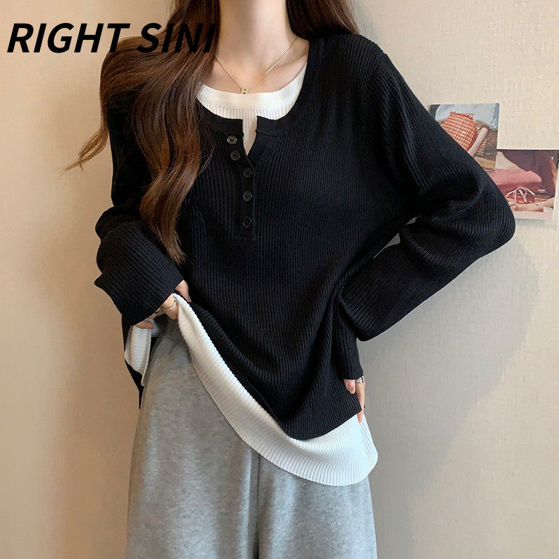 大码韩版遮肚子假两件长袖打底衫女春秋季胖妹妹宽松显瘦针织上衣