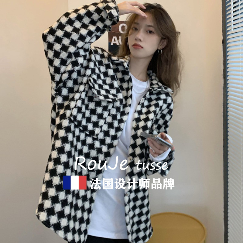 Rouje tusse秋冬款羊毛衬衫女设计感小众高端格子打底衫羊绒衬衣