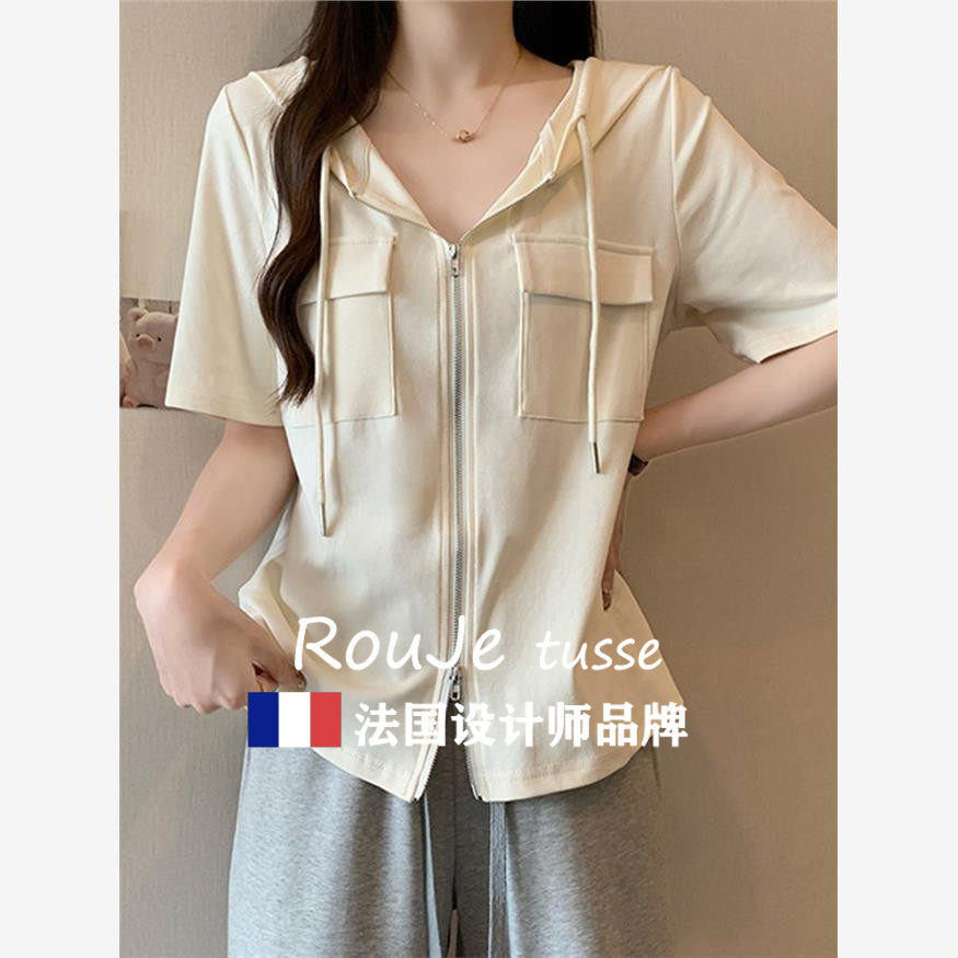 法国Rouje tusse遮肚子双拉链连帽T恤女夏季宽松显瘦开衫正肩上衣
