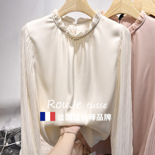 2025年夏季新款法式气质纯色立领钉珠网纱长袖雪纺衫女春夏款衬衫