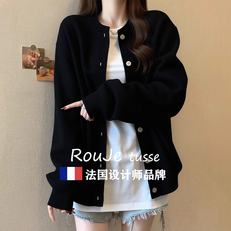 Rouje tusse黑色羊毛针织毛衣外套女秋冬宽松开衫学院风羊绒上衣
