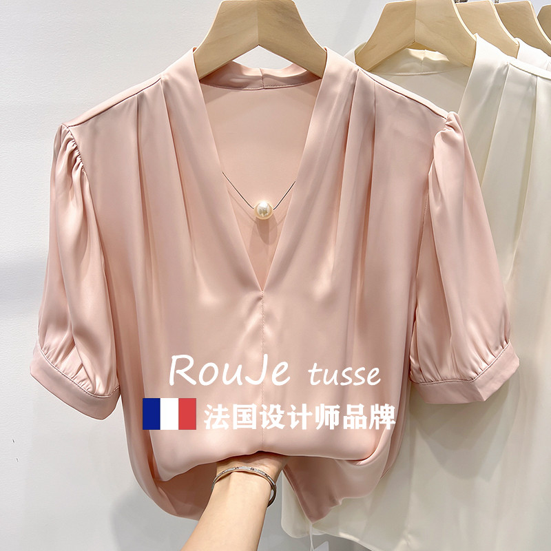 法国Rouje tusse韩国V领珍珠链条纯色套头短袖雪纺衬衫女薄款上衣