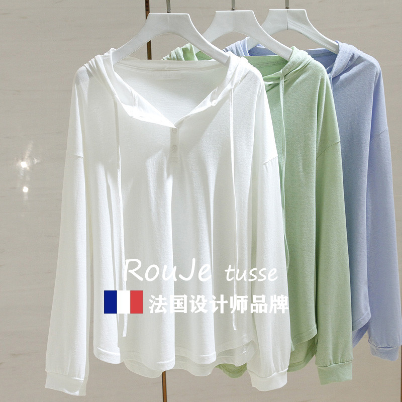 法国Rouje tusse白色连帽t恤女长袖秋宽松显瘦慵懒风防晒罩衫上衣