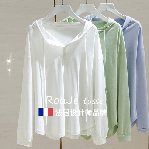 法国Rouje tusse白色连帽t恤女长袖秋宽松显瘦慵懒风防晒罩衫上衣