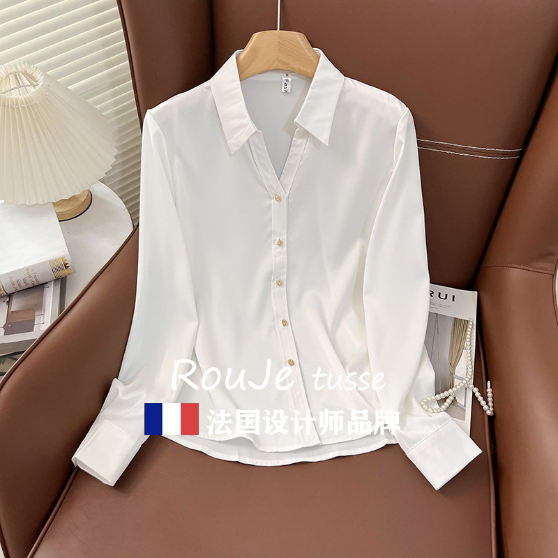 Rouje tusse白色缎面衬衫女设计感职业通勤春季长袖v领雪纺衫上衣