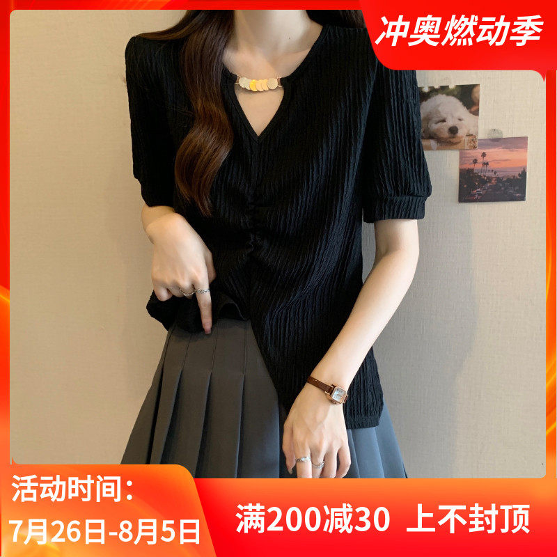 RIGHT SINI大码女装遮肚子正肩V领短袖T恤女夏设计感小众显瘦上衣