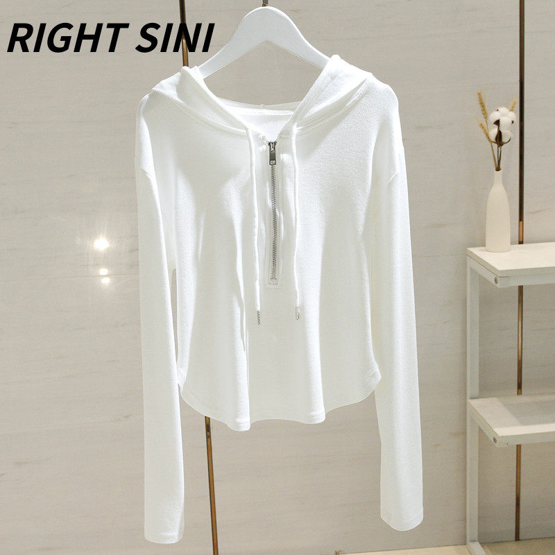 白色连帽长袖t恤女式短2025秋季新韩式修身内层衬衫上衣