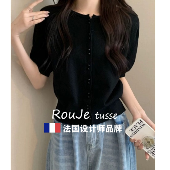 法国Rouje tusse遮肚子冰丝短袖针织衫女夏季胖妹妹洋派显瘦上衣