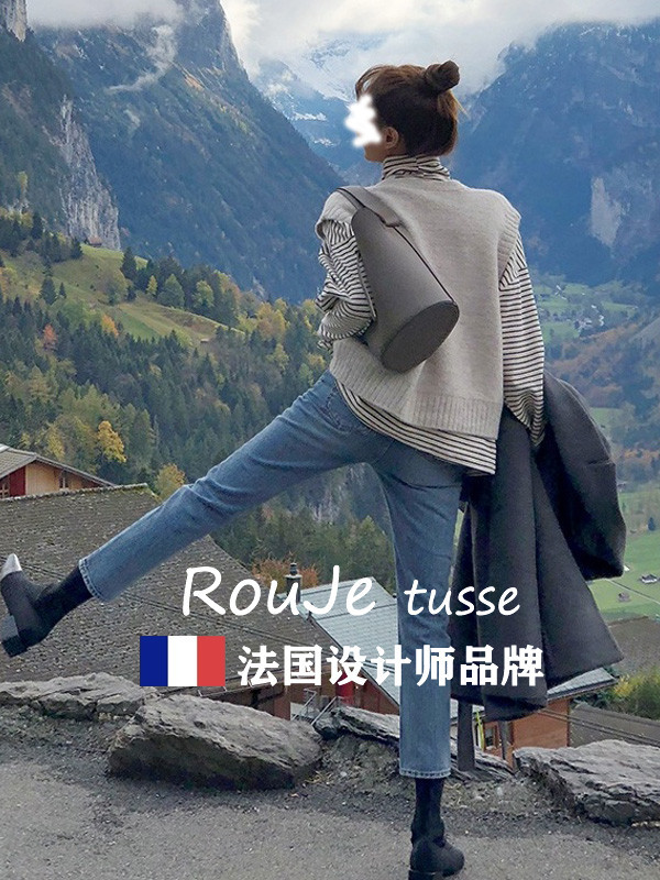 Rouje tusse直筒牛仔裤女秋冬高腰显瘦九分爆款宽松法棍烟管裤子