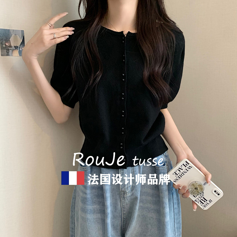 法国Rouje tusse钉珠单排扣短袖针织上衣遮肚子显瘦洋气泡泡袖t恤