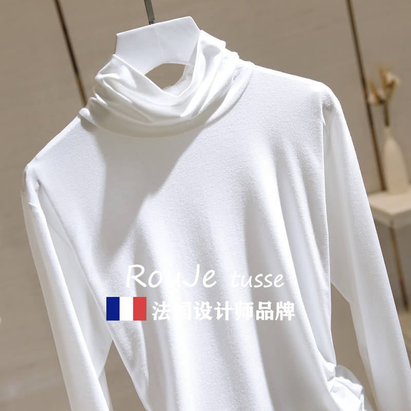 法国Rouje tusse白色莫代尔高领t恤长袖修身显瘦堆堆领打底衫上衣
