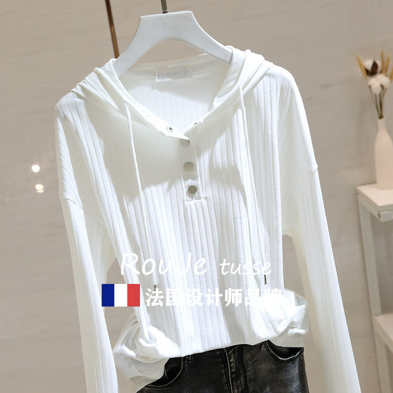 法国Rouje tusse白色连帽t恤女长袖韩版宽松内搭打底衫上衣ins潮