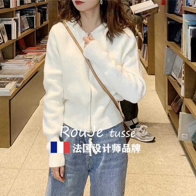 法国Rouje tusse连帽卫衣羊毛针织开衫女春减龄羊绒毛衣外套上衣