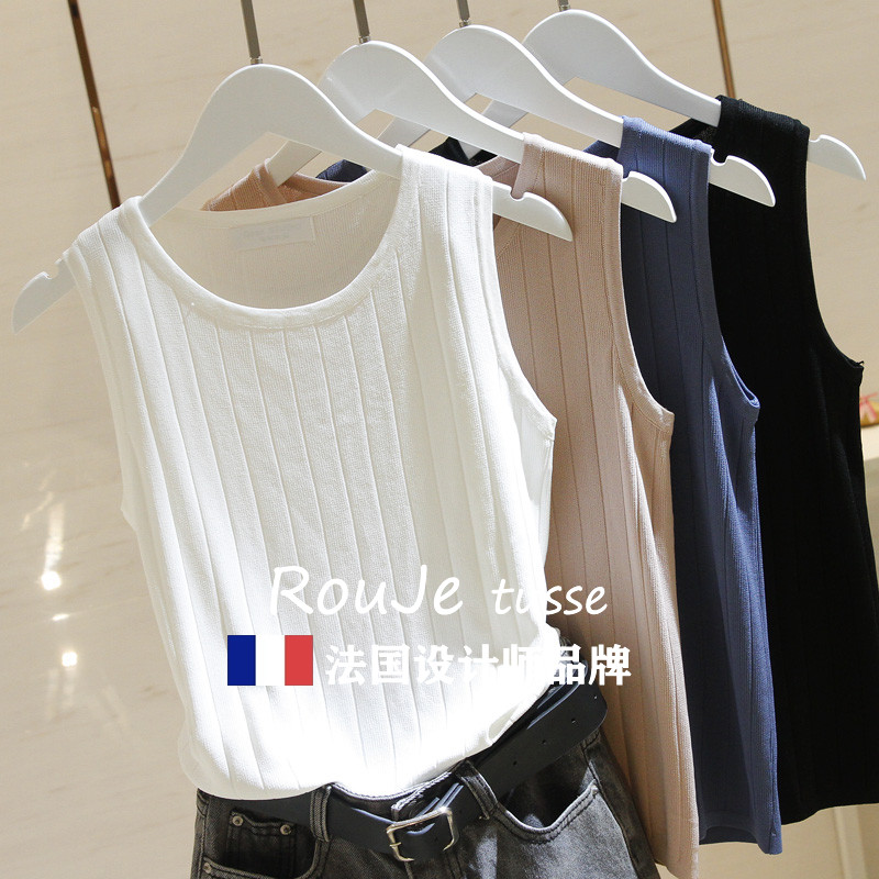 法国Rouje tusse白色针织背心女夏修身圆领针织套头内穿无袖上衣