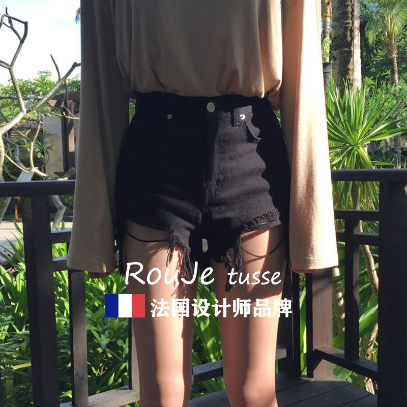 专柜破洞牛仔短裤女夏季新款高腰宽松外穿黑色显瘦韩版ins热裤潮