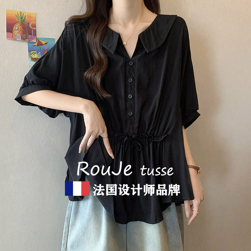 法国Rouje tusse大尺码女装遮肚子娃娃领减龄短袖衬衫女夏季上衣