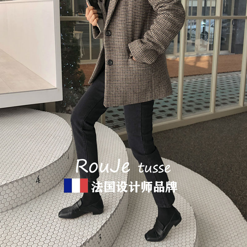 法国Rouje tusse黑色烟管牛仔裤女秋季显瘦高腰小个子九分直筒裤