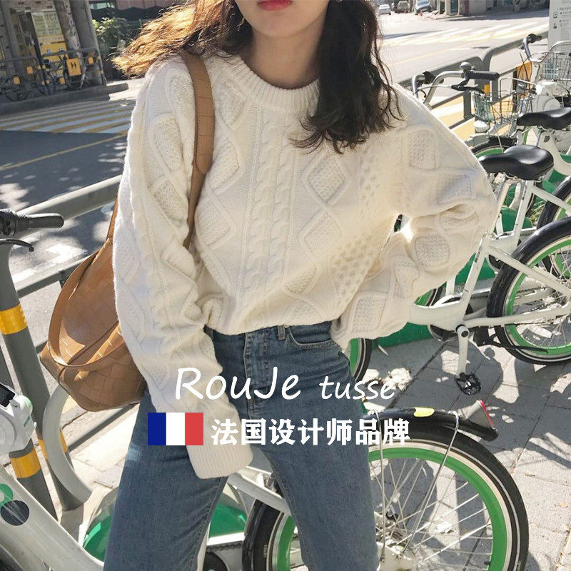 专柜慵懒风麻花套头软奶羊绒毛衣女秋冬新款宽松韩版羊毛上衣外套