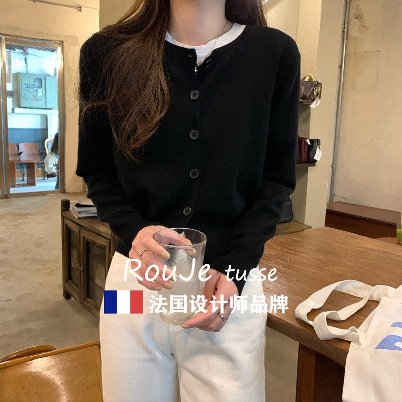法国Rouje tusse黑色外搭开衫韩版时尚短款羊绒毛衣软糯羊毛上衣