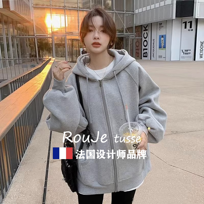 法国Rouje tusse灰色开衫外套加绒连帽运动衫学生韩版宽松运动上