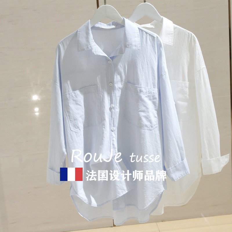 白色长袖衬衫女港味2025春季新款宽松显瘦设计感小众双口袋棉衬衣