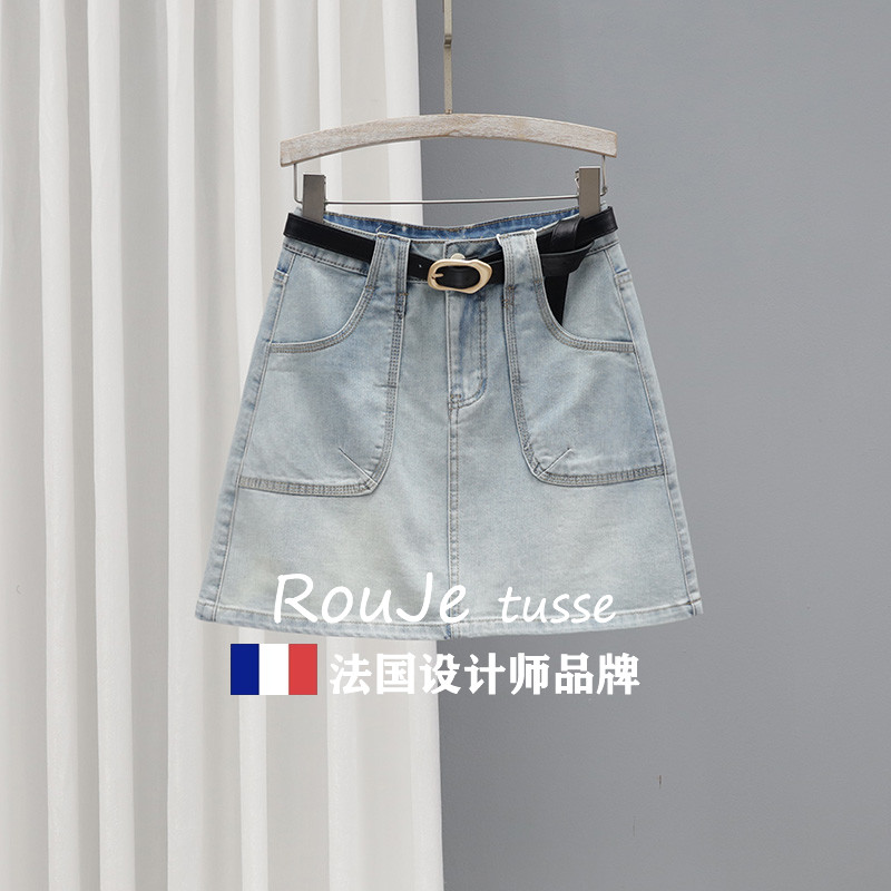 法国Rouje tusse浅蓝色秋季高腰牛仔短裙女宽松显瘦防走光半身裙