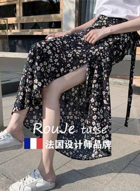 法国Rouje tusse碎花长裙波西米亚包臀裙子系带雪纺一片式半身裙