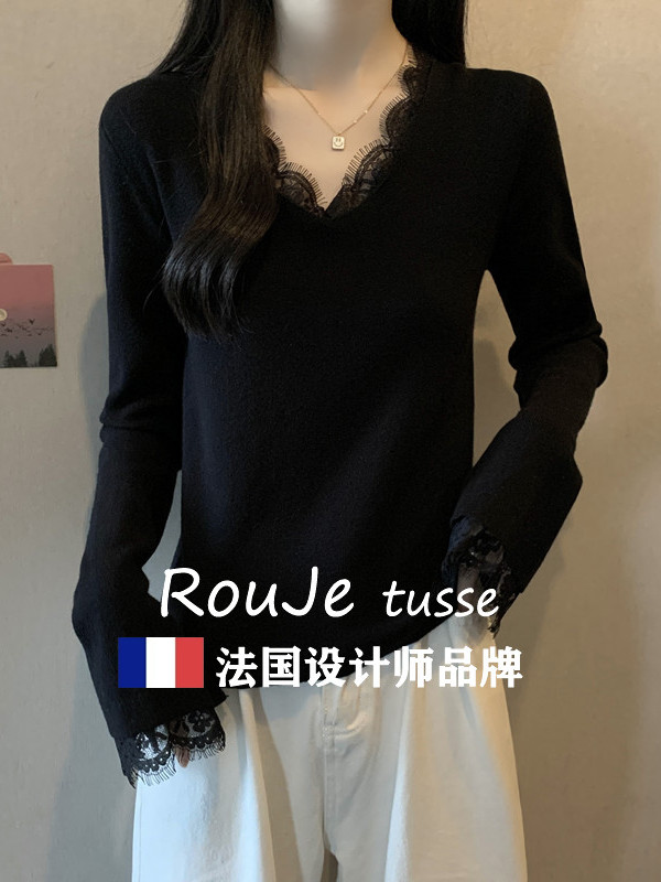 Rouje tussev领蕾丝拼接羊毛针织衫胖MM显瘦长袖内搭羊绒毛衣上衣