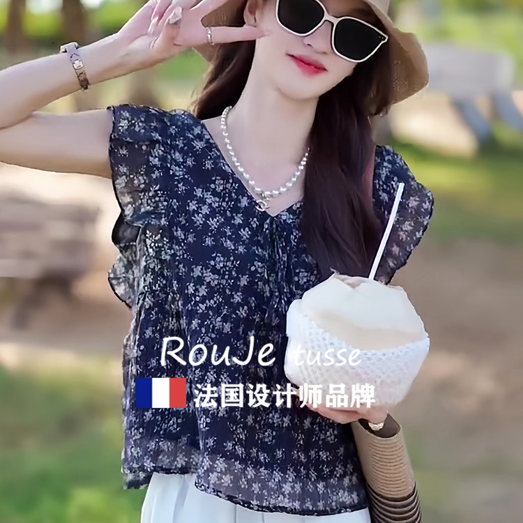 法国Rouje tusse韩国气质V领百褶立体无袖碎花短袖雪纺衫女薄款潮