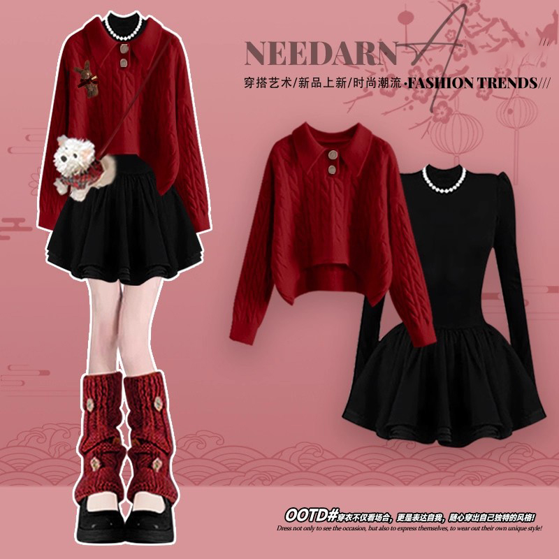 江浙沪富家千金穿搭红色毛衣女独特漂亮冬装一整套巨好看的连衣裙