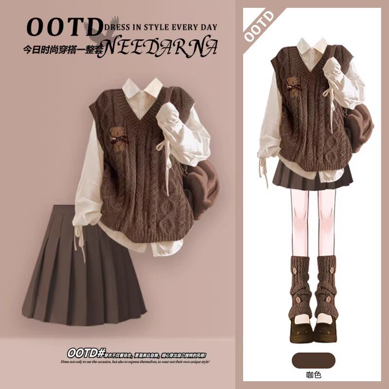 学院风衬衫马甲2026超火早春一整套ootd穿搭韩系减龄美拉德套装裙