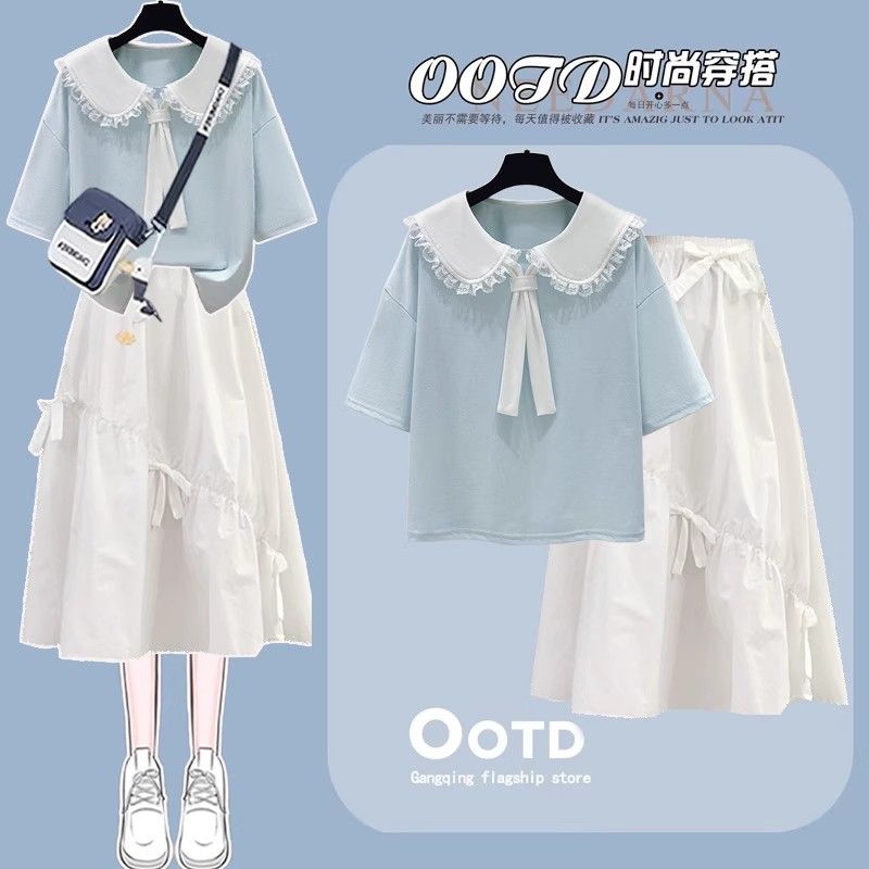 少女夏装2025新款学生学院风两件套夏季短袖半身裙初中生裙子穿搭
