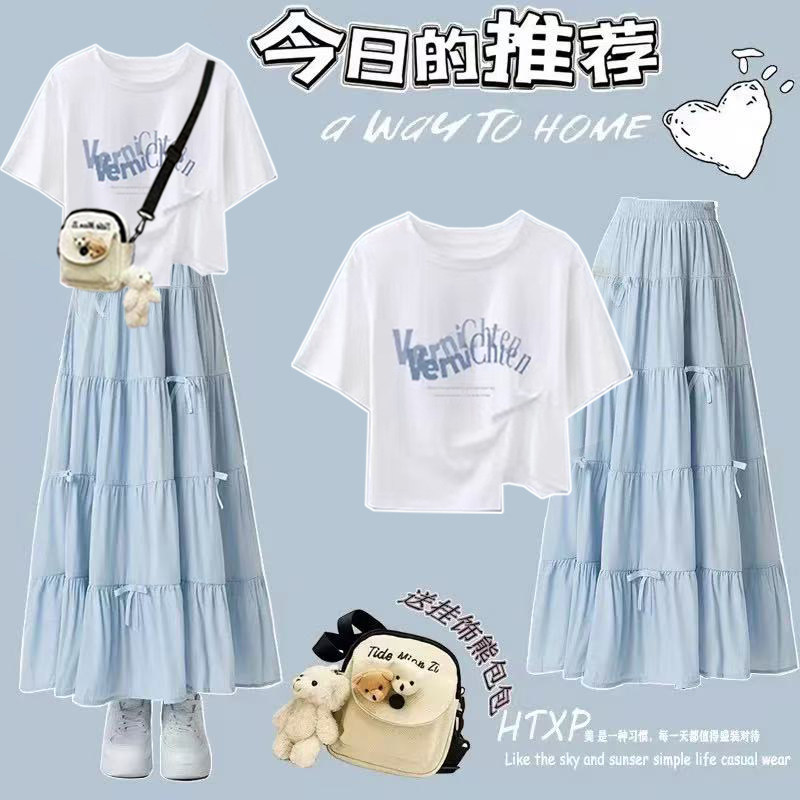 初高中生穿搭2026夏季新款学生小清新不规则T恤女超好看裙子套装