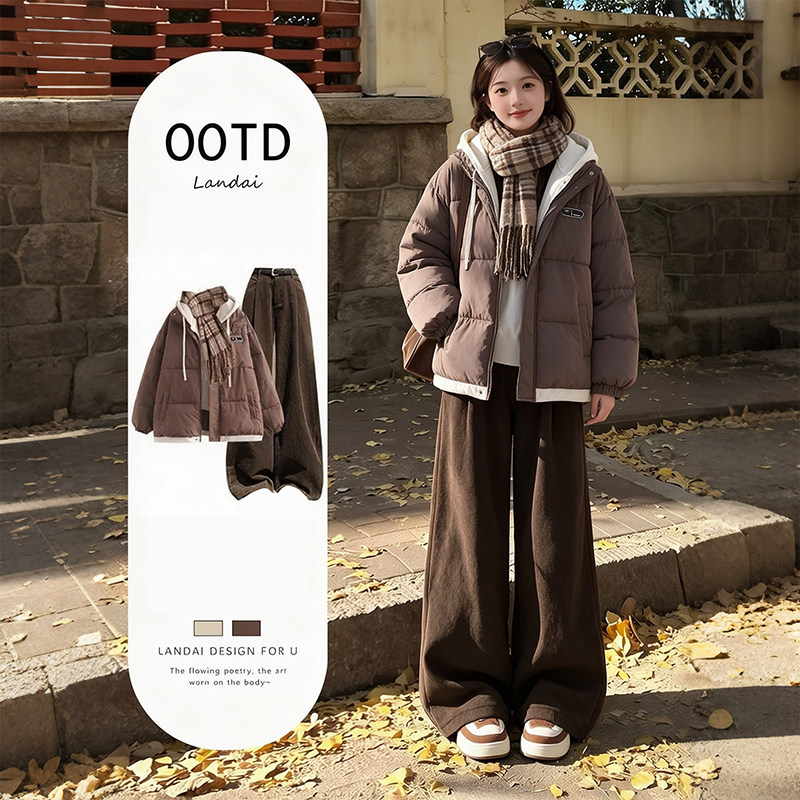 初中生套装韩系甜美秋冬季学生宽松保暖洋气休闲棉服阔腿裤套装
