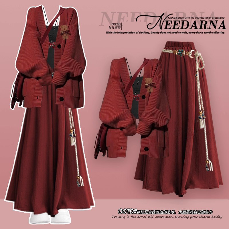 万圣节圣诞穿搭红色针织连衣裙子巨好看的深秋初冬季miu系毛衣裙