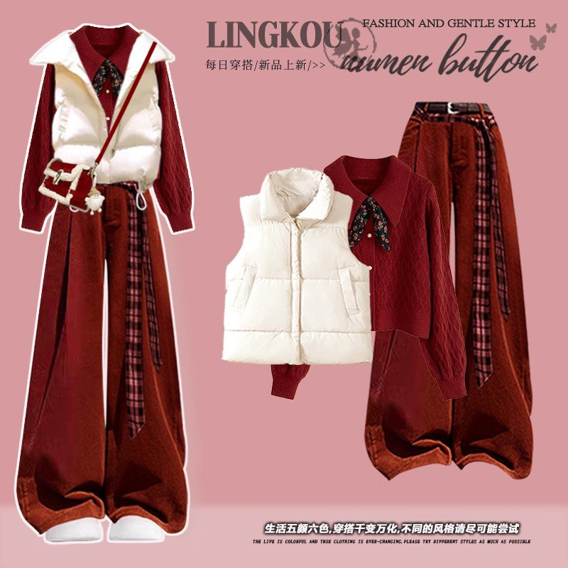 2025冬季气质套装女棉服马甲圣诞红色针织毛衣搭显瘦休闲裤三件套,女装/女士精品,时尚套装,淘宝优惠券,粉丝福利购,淘宝优惠卷