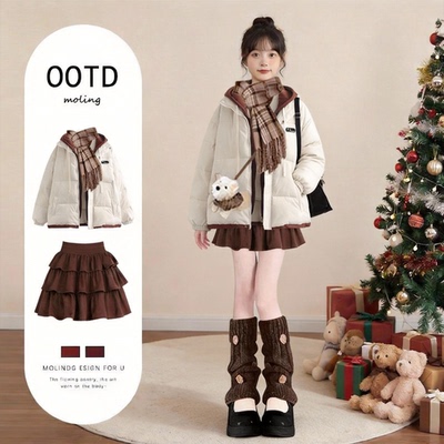 美拉德套装韩系学院风棉服外套巨好看2026超火冬装一整套装裙子