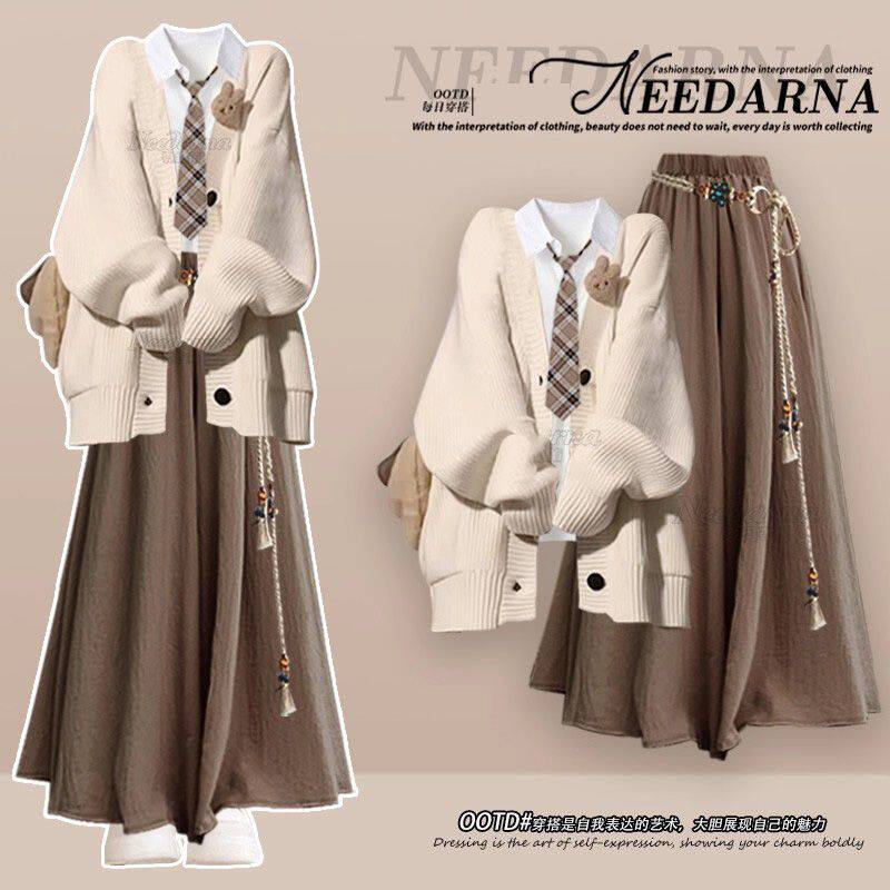 法式巨好看的针织连衣裙子女早秋一整套美拉德穿搭韩系毛衣外套装