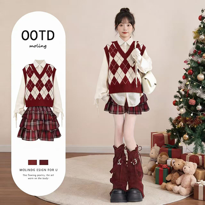 甜美学院风毛衣针织马甲女春秋马夹背心外搭叠穿白衬衫套装