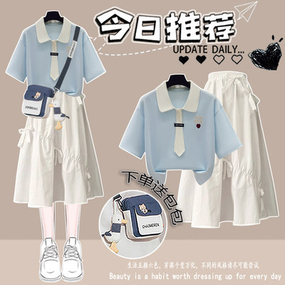 初中生女孩学院风两件套2026夏装新款高中学生POLO领时尚短袖T恤