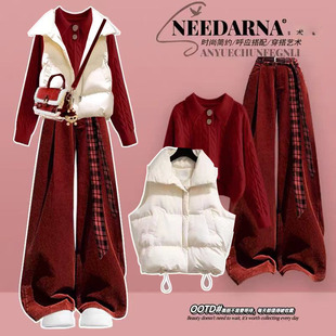 洋气阔腿裤 女圣诞氛围感红色翻领毛衣马甲棉服时尚 三件套 套装 冬季