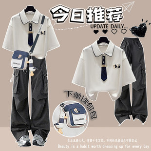 少女韩版撞色刺绣POLO领短袖t恤2026夏装新款初高中学生套装穿搭