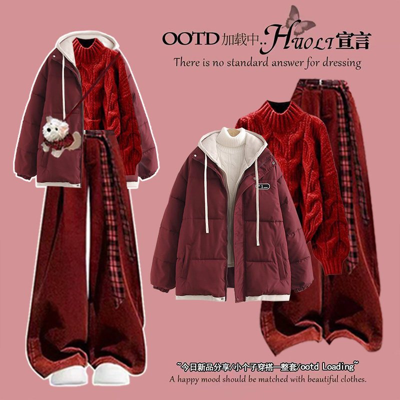 2025冬季套装女韩版宽松红色假两件棉服红色毛衣加绒阔腿裤三件套