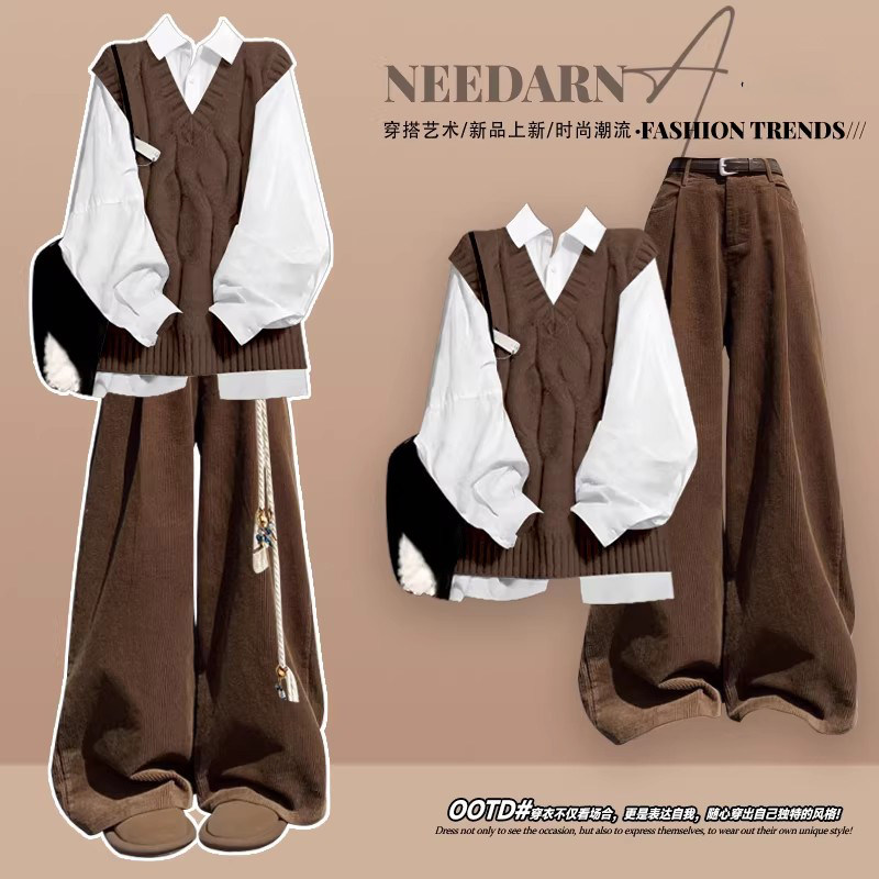 巨好看的独特漂亮衬衫女款春装一整套美拉德穿搭韩系高级感套装裤