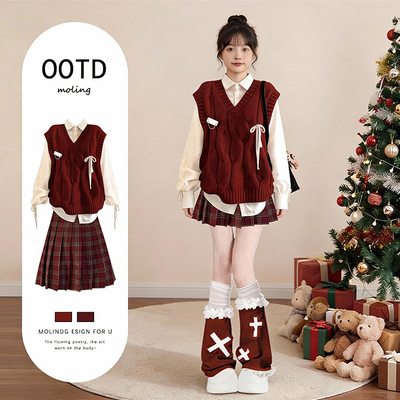女学生圣诞冬季穿搭休闲学院风裙子冬装一整套小个子jk短裙子套装