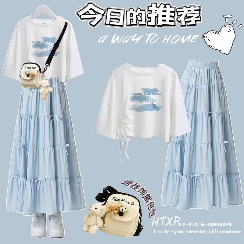 学院风半身裙女夏季初高中学生时尚半身裙少女大童短袖套装长裙子