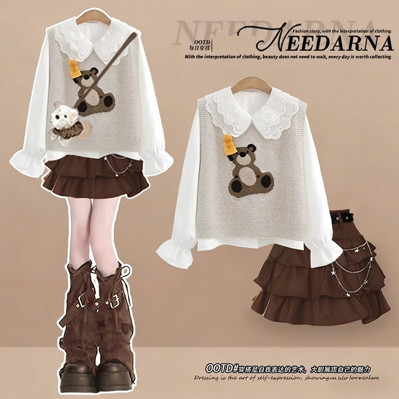 2026冬季套装女学生可爱卡通小熊针织马甲娃娃领衬衫裙子两件套,女装/女士精品,时尚套装,淘宝优惠券,粉丝福利购,淘宝优惠卷