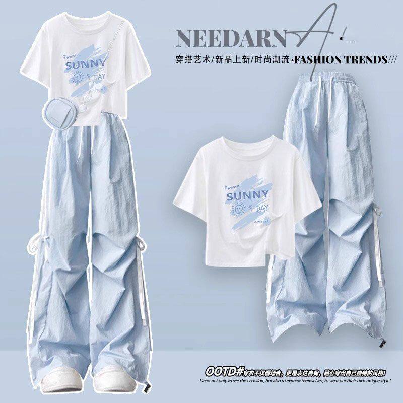 韩系一整套ootd穿搭减龄多巴胺夏季女装套装又酷又飒蓝色工装裤子