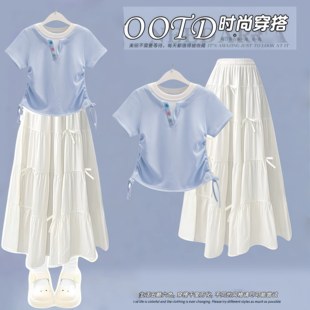 洋气假两件短袖 女超好看夏装 薄款 2026新款 半身长裙 裙子套装