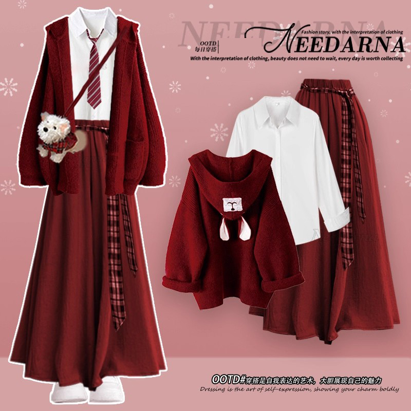圣诞学院风巨好看红色毛衣外套秋冬季一整套穿搭miu系针织连衣裙